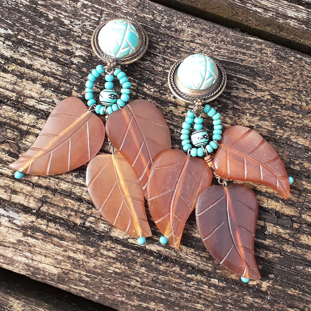 Vintage Artizan clip on earrings faux Amber & Turg